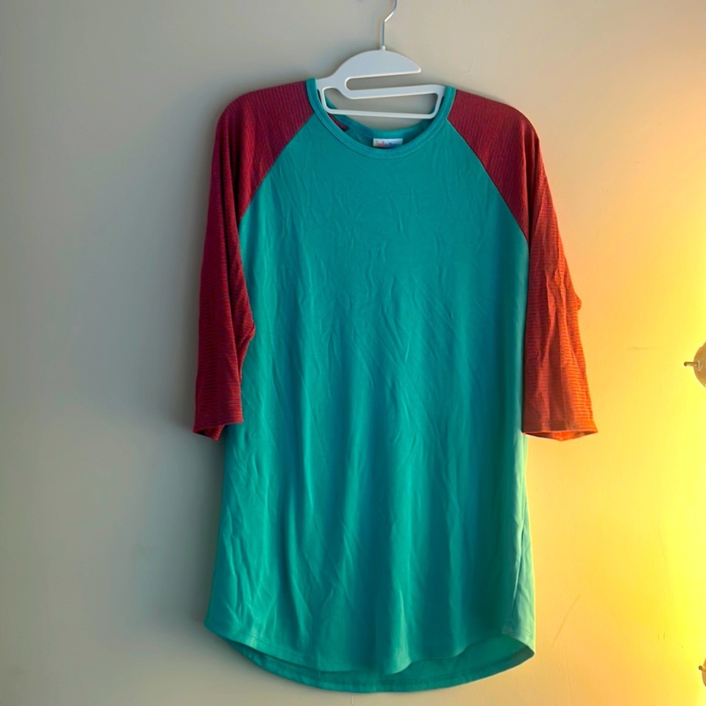 Lularoe Randy Size XL Ribbed Teal with Ribbed Magenta/Teal Striped Sleeves NWOT